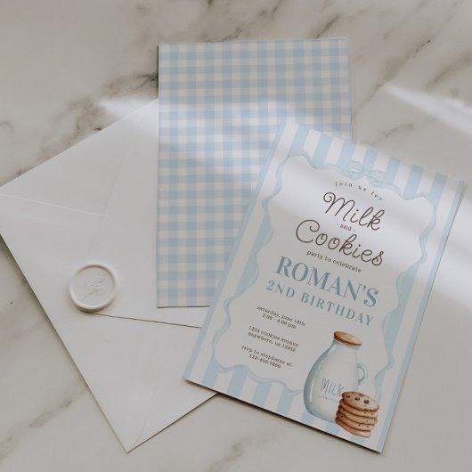 Melk en koekjes Blauwe Verjaardagsfeestuitnodiging Kaart