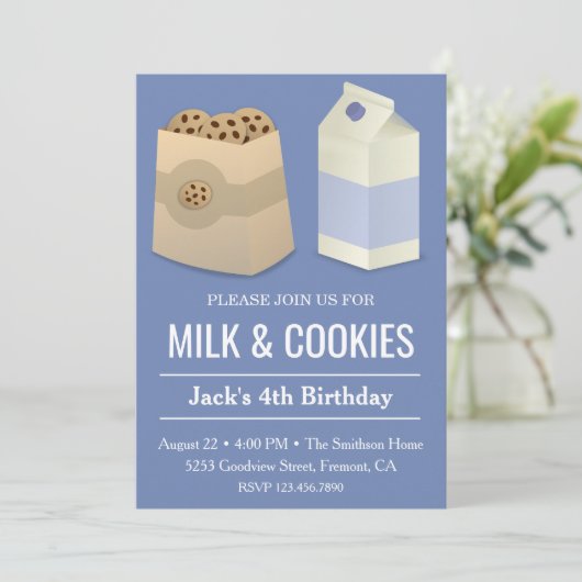 Melk en koekjes Blue Birthday Boy Party Invite Kaart (Staand voorkant)