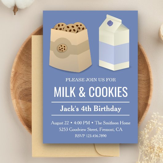 Melk en koekjes Blue Birthday Boy Party Invite Kaart
