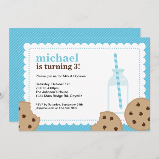 Melk en koekjes Blue en Brown Invite Kaart (Voorkant / Achterkant)