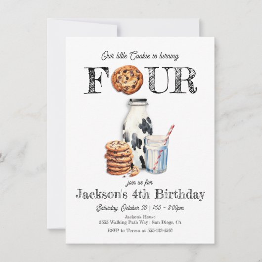Melk en koekjes Draaien van vier verjaardagsfeestj Kaart (Voorkant)