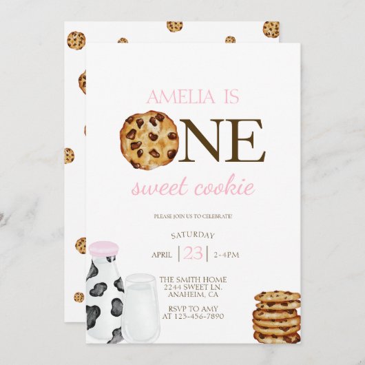 Melk en koekjes Eerste roze verjaardagsfeestje Kaart (Voorkant / Achterkant)