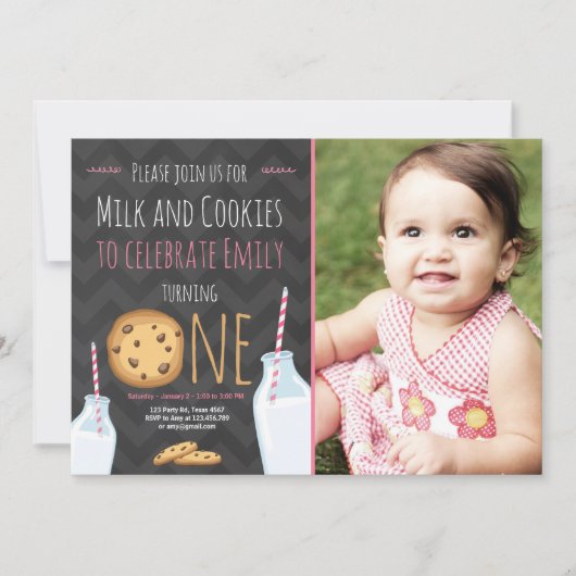 Melk en koekjes eerste verjaardag uitnodiging meis (Voorkant)