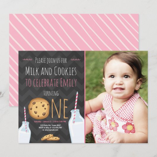 Melk en koekjes eerste verjaardag uitnodiging meis (Voorkant / Achterkant)