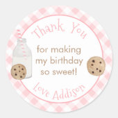 Melk en koekjes feest roze gingham dank u ronde sticker (Voorkant)