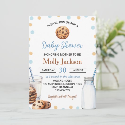 Melk en koekjes Jongen Baby shower Uitnodiging (Staand voorkant)