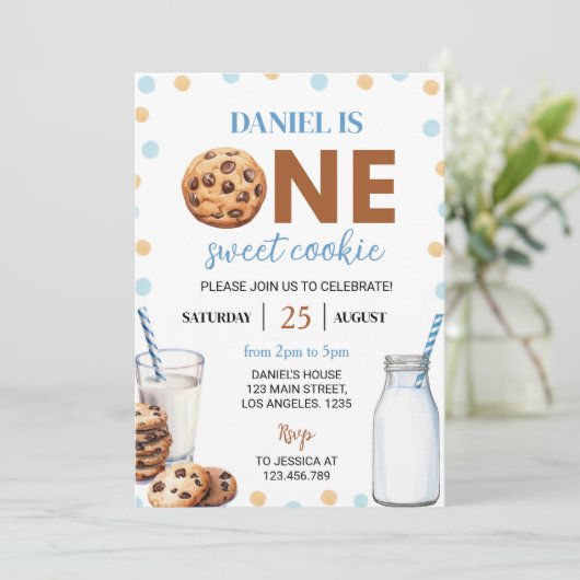 Melk en koekjes Jongen Eerste Verjaardag uitnodigi Kaart (Staand voorkant)