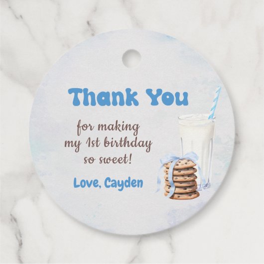 Melk en koekjes jongen eerste verjaardagsfeestje bedankjes labels (Achterkant)