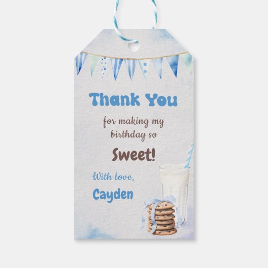 Melk en koekjes jongen eerste verjaardagsfeestje cadeaulabel (Achterkant)
