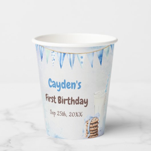 Melk en koekjes jongen eerste verjaardagsfeestje papieren bekers (Voorkant)