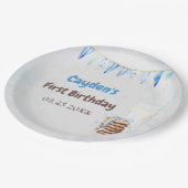 Melk en koekjes jongen eerste verjaardagsfeestje papieren bordje (Gekanteld)