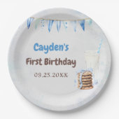 Melk en koekjes jongen eerste verjaardagsfeestje papieren bordje (Voorkant)