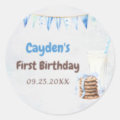 Melk en koekjes jongen eerste verjaardagsfeestje ronde sticker (Voorkant)