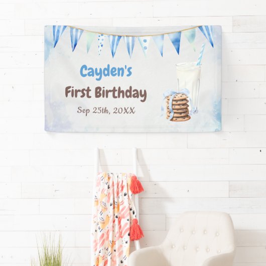 Melk en koekjes jongen eerste verjaardagsfeestje spandoek (Insitu)