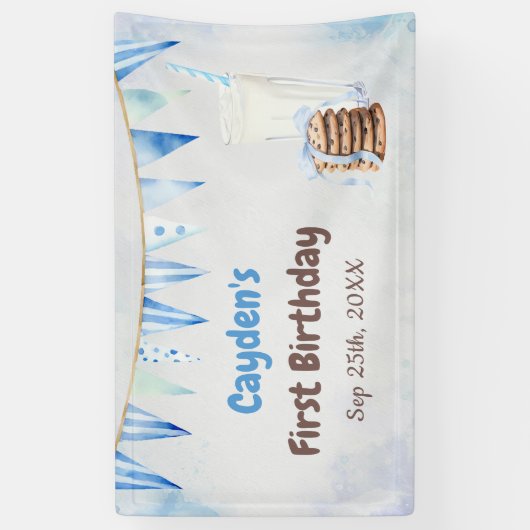 Melk en koekjes jongen eerste verjaardagsfeestje spandoek (Verticaal)