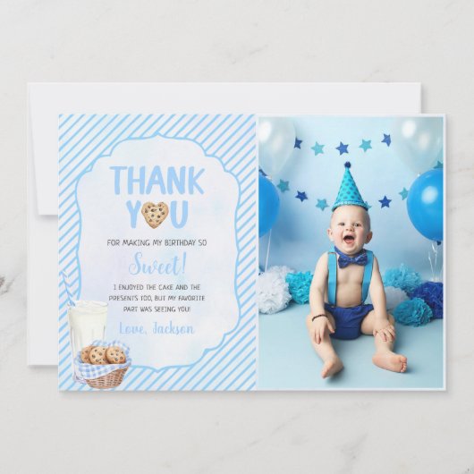 Melk en koekjes jongen verjaardag foto bedankkaart (Voorkant)