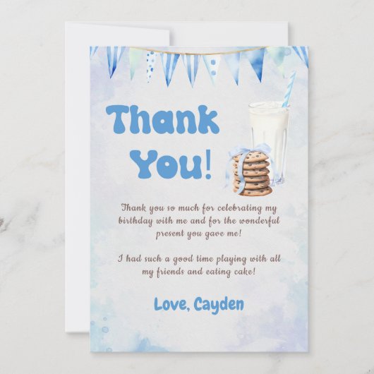 Melk en koekjes jongen verjaardagsfeestje bedankkaart (Voorkant)