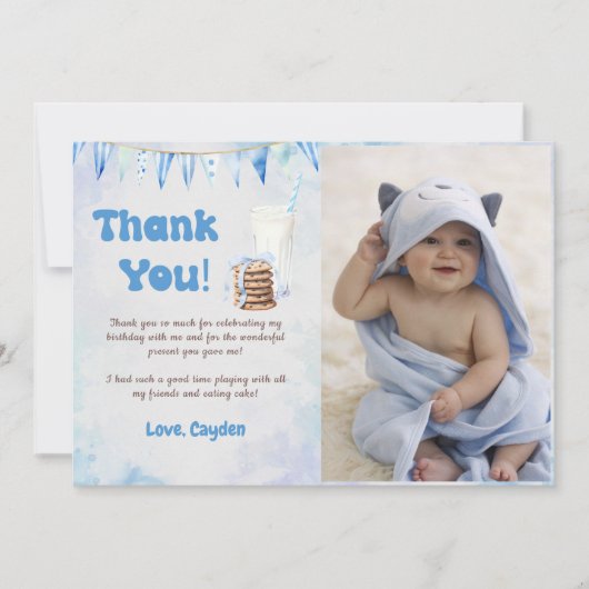 Melk en koekjes jongen verjaardagsfeestje foto bedankkaart (Voorkant)