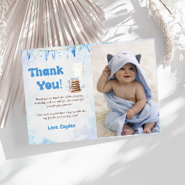 Melk en koekjes jongen verjaardagsfeestje foto bedankkaart