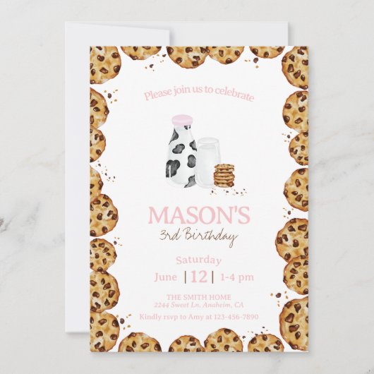 Melk en koekjes kruimelen roze Verjaardagsfeest Kaart (Voorkant)