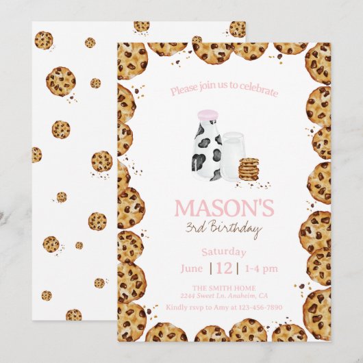 Melk en koekjes kruimelen roze Verjaardagsfeest Kaart (Voorkant / Achterkant)