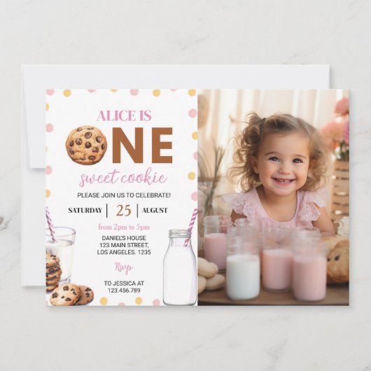Melk en koekjes meisje 1e verjaardag uitnodiging (Voorkant)