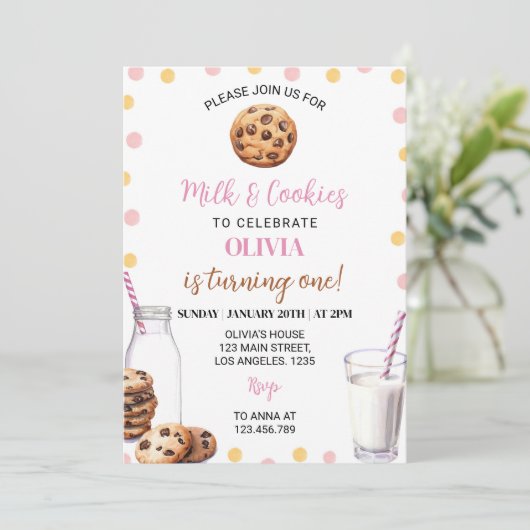 Melk en koekjes Meisje Eerste Verjaardag Uitnodigi Kaart (Staand voorkant)
