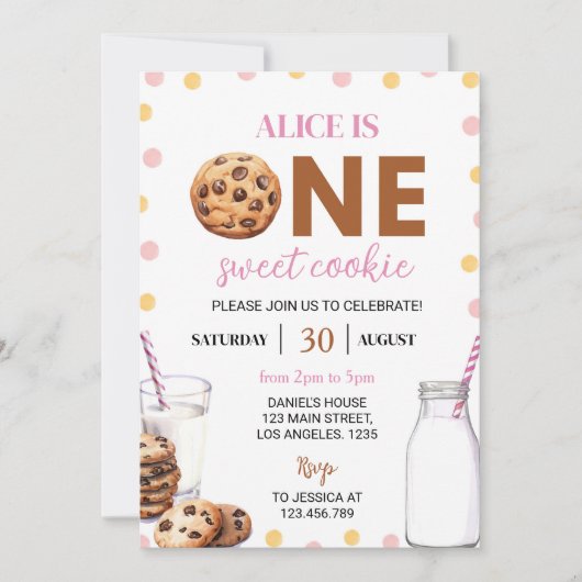 Melk en koekjes Meisje Eerste Verjaardag Uitnodigi Kaart (Voorkant)