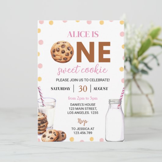 Melk en koekjes Meisje Eerste Verjaardag Uitnodigi Kaart (Staand voorkant)