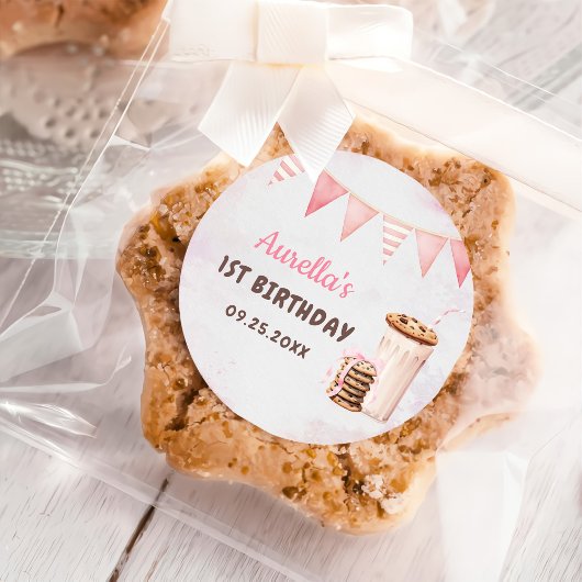 Melk en koekjes meisje eerste verjaardagsfeestje ronde sticker