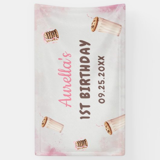 Melk en koekjes meisje eerste verjaardagsfeestje spandoek (Verticaal)