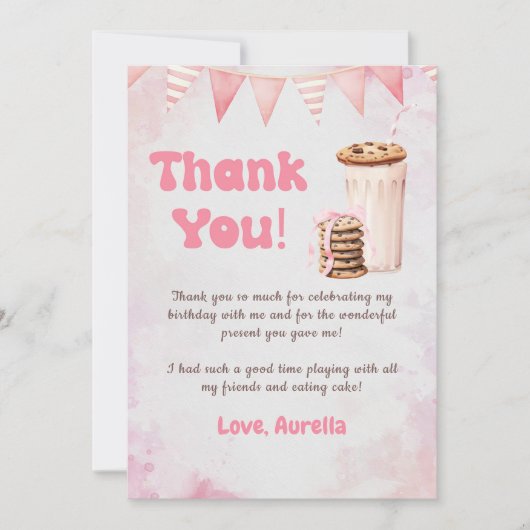 Melk en koekjes meisje verjaardagsfeestje bedankkaart (Voorkant)