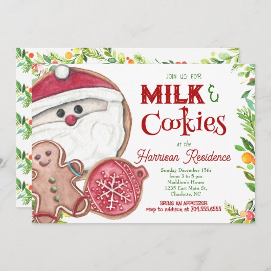 Melk en koekjes met kerstfeest Uitnodigen Kaart (Voorkant / Achterkant)