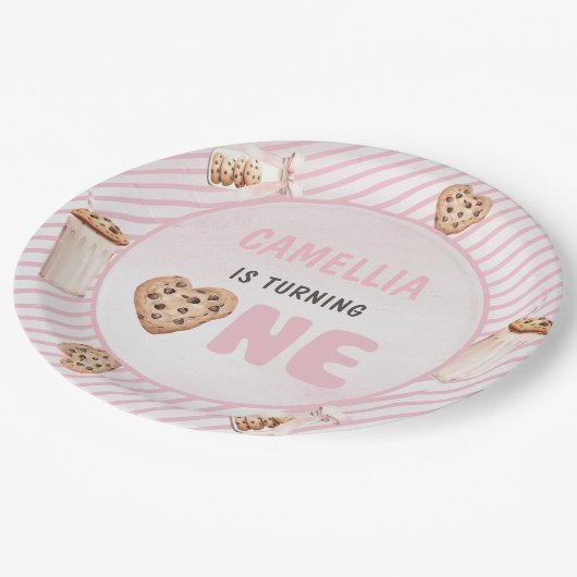 Melk en koekjes Roze eerste verjaardag partij Papieren Bordje (Gekanteld)
