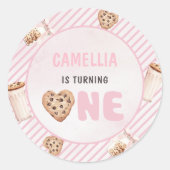 Melk en koekjes Roze eerste verjaardag partij Ronde Sticker (Voorkant)