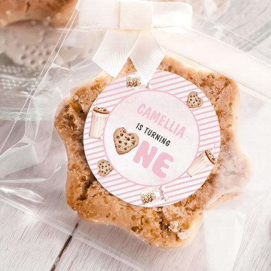Melk en koekjes Roze eerste verjaardag partij Ronde Sticker