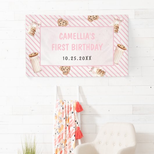 Melk en koekjes Roze eerste verjaardag partij Spandoek (Insitu)