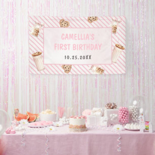 Melk en koekjes Roze eerste verjaardag partij Spandoek