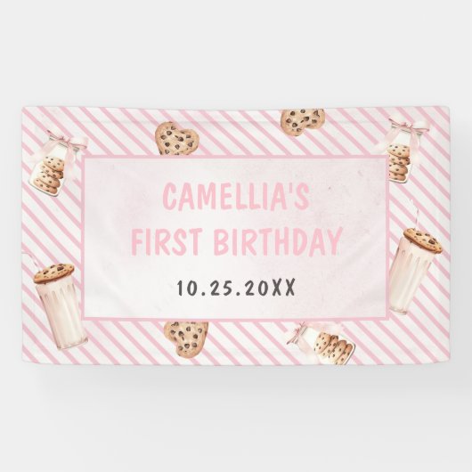 Melk en koekjes Roze eerste verjaardag partij Spandoek (Horizontaal)