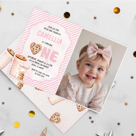 Melk en koekjes Roze Eerste Verjaardag Party Foto Kaart