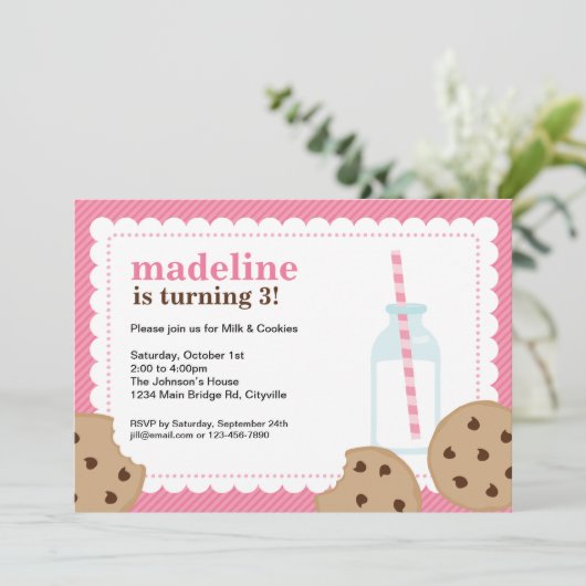 Melk en koekjes Roze en bruin Invite Kaart (Staand voorkant)