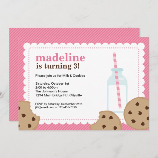 Melk en koekjes Roze en bruin Invite Kaart (Voorkant / Achterkant)