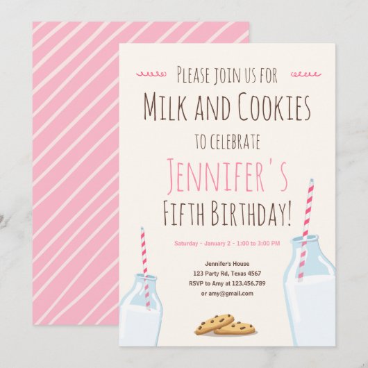 Melk en koekjes Roze Girl Birthday Party Kaart (Voorkant / Achterkant)