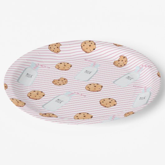 Melk en koekjes Roze strepen Verjaardagsfeest Papieren Bordje (Gekanteld)