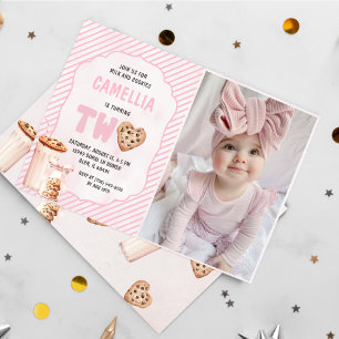 Melk en koekjes Roze Tweede Verjaardag Party Foto Kaart