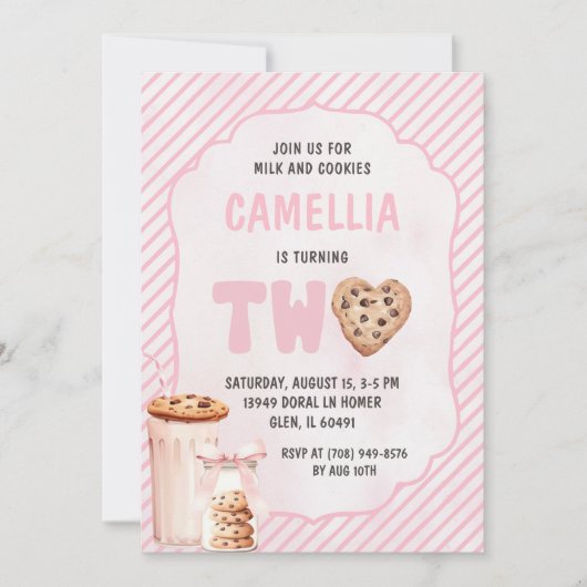 Melk en koekjes Roze Tweede Verjaardagsfeest Kaart (Voorkant)