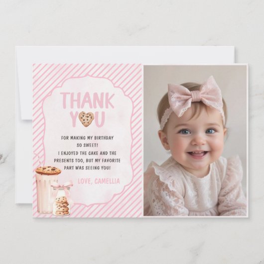 Melk en koekjes Roze Verjaardag Foto Bedankkaart (Voorkant)