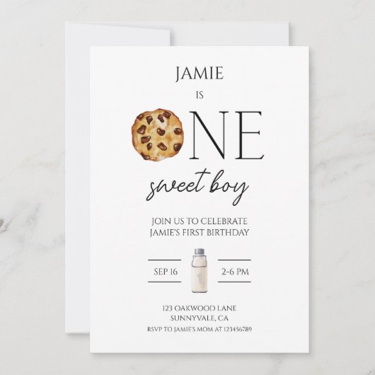 Melk en koekjes Sweet One Boy Verjaardagsuitnodigi Kaart (Voorkant)