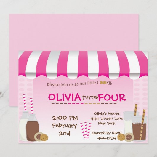 Melk en koekjes, uitnodiging van de Birthday Party (Voorkant / Achterkant)