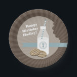 Melk en koekjes van Birthday - blauw Papieren Bordje<br><div class="desc">Borden op feestdagen met een afbeelding van de melkfles en gestreepte koekjes.</div>